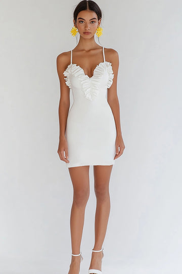 Ruffled Bodycon Spaghetti Straps Little White Dress